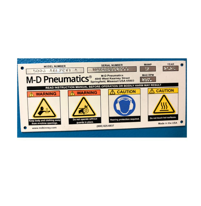M-D Pneumatics label with warning and caution symbols on a white background